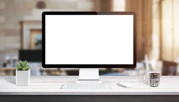 计算机显示模型 现代化的工作室办公桌 配有植物 鼠标和咖啡 — 图库照片