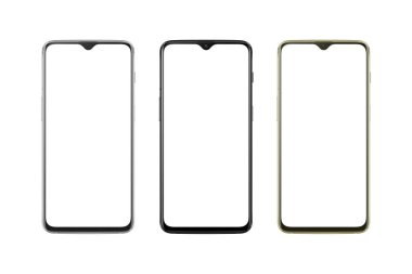 Gümüş, siyah ve altın renginde modern ince ve yuvarlak kenarları telefon. Mockup için beyaz ekran, izole. 