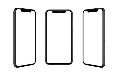 Siyah akıllı telefon üç pozisyonda izole. Mockup için izole ekran. Uygulama tasarımı promosyonu için render.