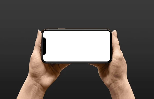 Modern Smart Phone Thin Edges Display Camera Woman Hands Horizontal — Stock Photo, Image