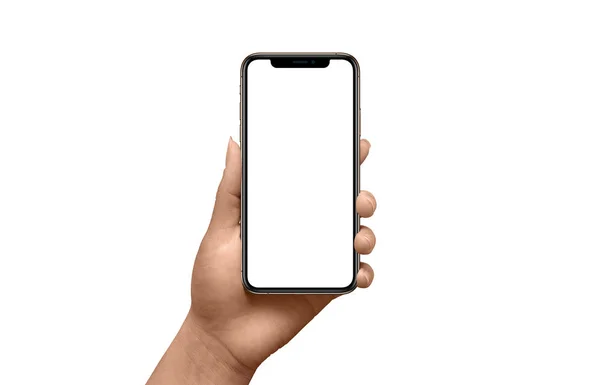女性の手に薄い丸いエッジを持つ現代の黒いスマートフォンのモックアップ 絶縁された電話と手 — ストック写真