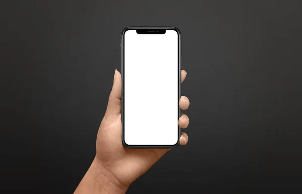 Modern phone mockup in woman hand. Black background.