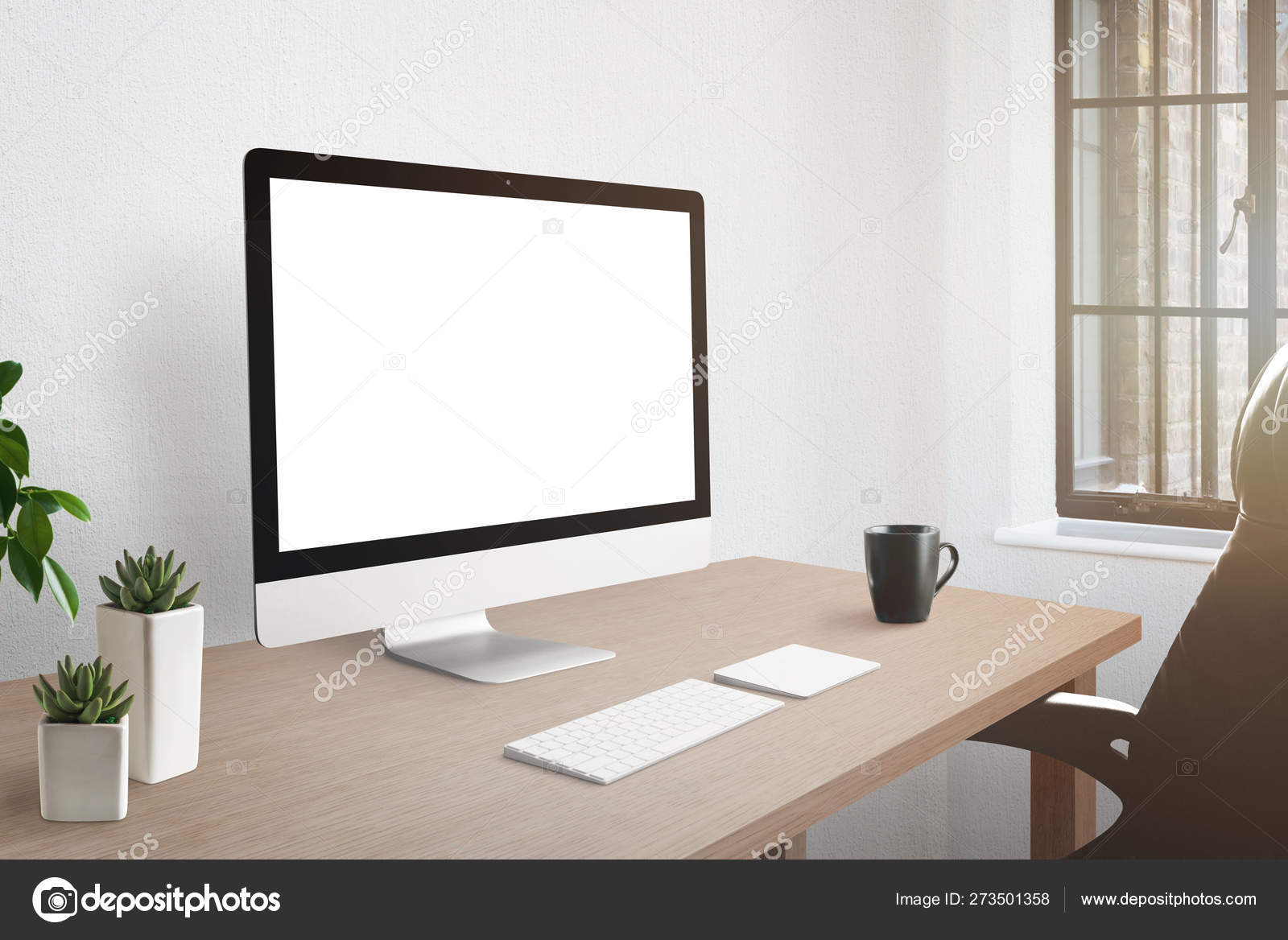 Workroom Desk Computer Display Isolated Screen Mockup Plants