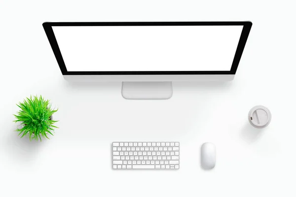 ワークデスクのトップビューシーン モックアップ用の分離された画面を備えたコンピュータディスプレイ キーボード マウス コーヒーの横に テキストの空き領域の中央 — ストック写真