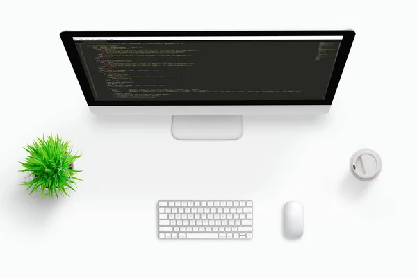自由职业者代码开发人员办公桌的顶视图场景 可视化代码编辑器计算机屏幕的概念 鼠标和咖啡旁边 — 图库照片