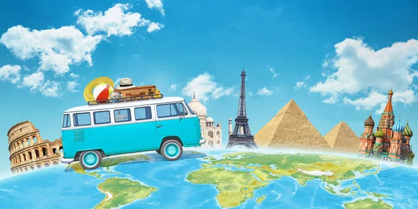 Old van travels across the world. Concept of travel and vacation around the world. World famous buildings in background.