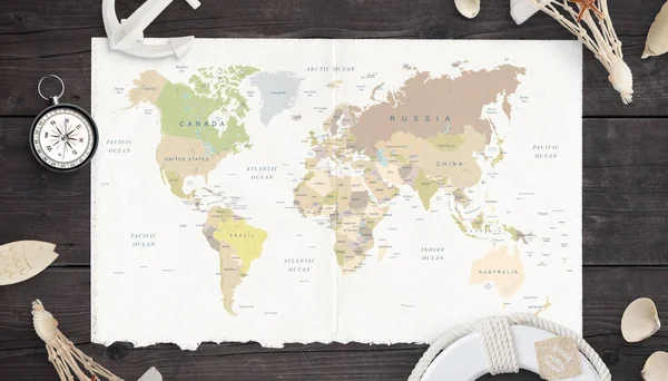 Mapa Světa Starém Papíře Obklopeném Kompasem Kotvou Záchranovým Pásem Lastury — Stock fotografie