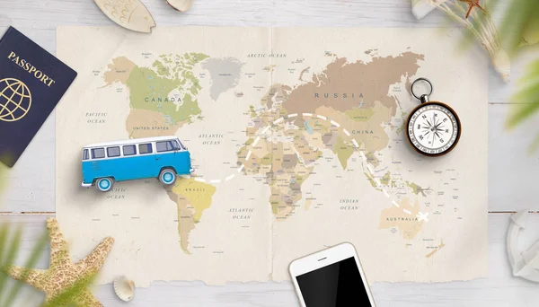 Plan with a toy van on a map with drawn route of journey. The concept of travel and vacation.