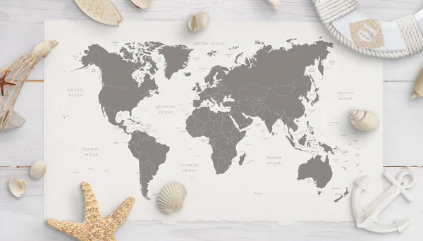 Mapa Světa Obklopená Mušlemi Hvězdicemi Záchrannými Vestami Kotvou Bílý Dřevěný — Stock fotografie