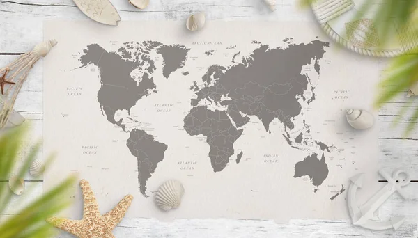 World Map Surrounded Summer Vacation Sea Things Wooden Table Travel — Stock Photo, Image