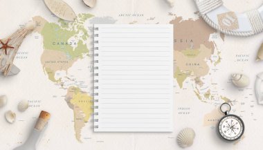 Deniz şeyler ile çevrili dünya haritasında temiz not defteri levha mockup. Seyahat listesi yapma kavramı.