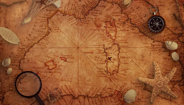 Koncept Mapy Starých Pokladů Lupa Kompas Mořské Dekorace Mapě Pohled — Stock fotografie