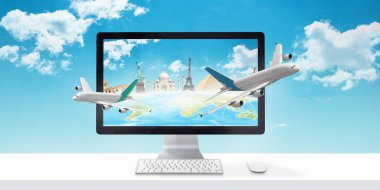 Bilgisayar ekranından uçan uçaklar. Tatil rezervasyonu ve online gezi planlama kavramı.