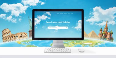 Seyahat hedef online kavram. Arka planda dünyanın arkasında arama uygulaması ve ünlü dünya manzaraları ile Web sitesi.