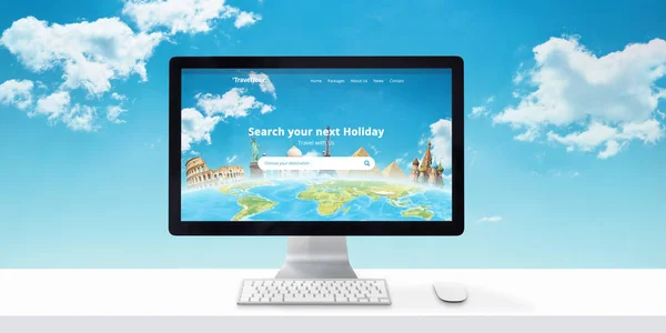 Travel agency website concept on computer display. Search destinations and vacations online. Modern flat web site desing with clouds in background.