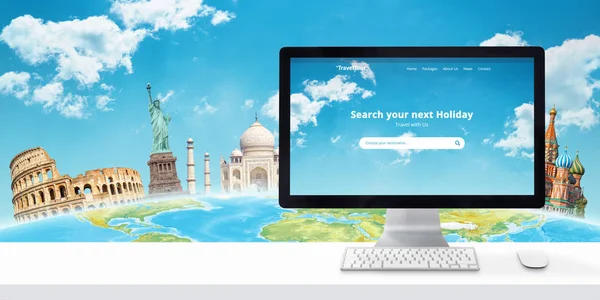 Bilgisayar ekran ve dünyanın arkasındaki ünlü dünya siteleri ile tatil online kavram için arama.