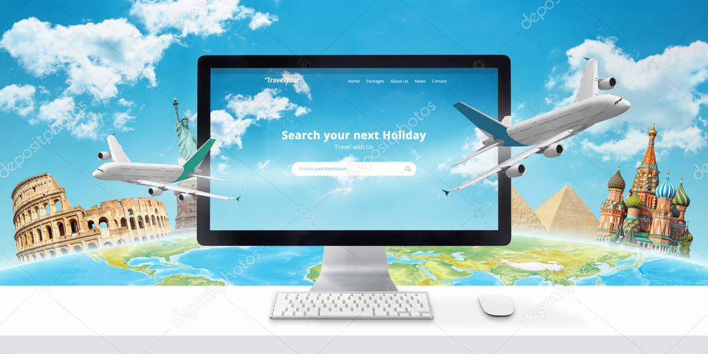 Booking a flight online concept. Traveler search for a destination, and book accommodation and tickets online.