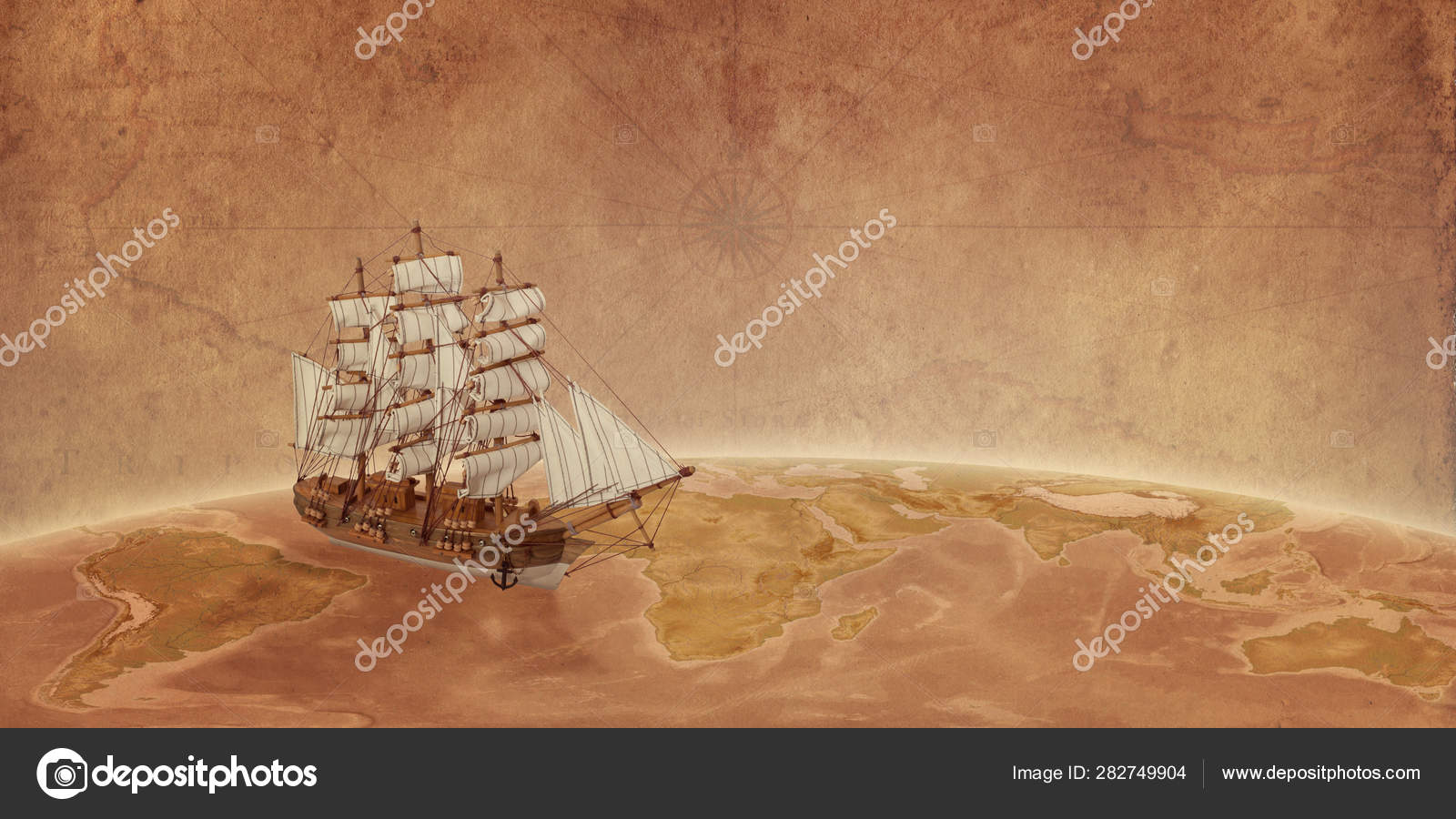 Ship Globe Concept Old Map Paper Background Travel Ocean