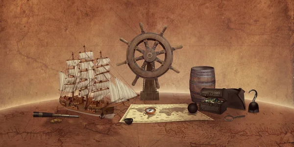 Koncepcja Pirackich Rzeczy Starej Mapie Świata Statek Mapa Kompas Skrzynia — Zdjęcie stockowe