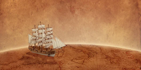Sailing ship on old world map. Concept of a search for treasure and new discoveries. Copy space beside.