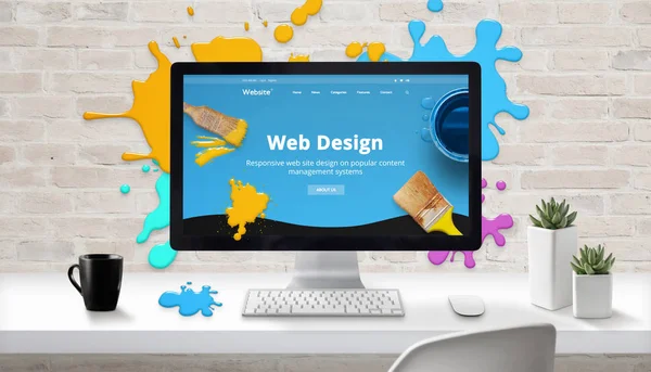 Concepto Diseño Web Sitio Web Moderno Pantalla Computadora Rodeado Gotas — Foto de Stock