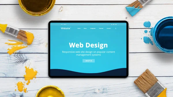 Web Design Studio Website Concept Moderne Dunne Tablet Omringd Door — Stockfoto