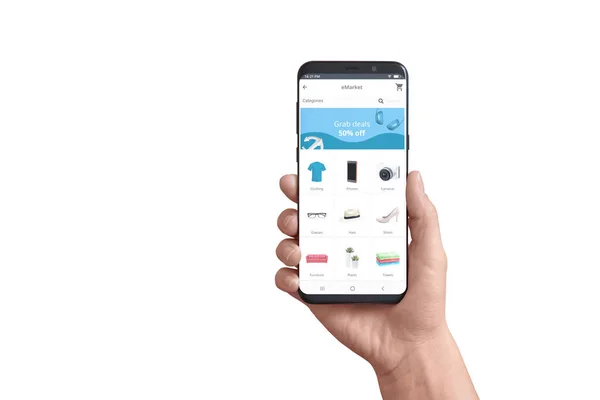 Telefone Inteligente Isolado Mão Com Aplicativo Loja Online Conceito Aplicativo — Fotografia de Stock