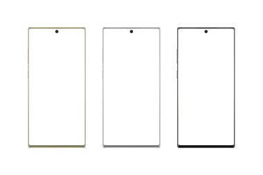 Üç renk tetekse modern akıllı telefon. Mockup için beyaz ekran. Ekrandaki ince kenarlar ve kamera.