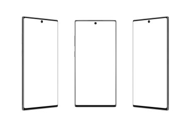 Modern telefon izole üç pozisyonda. Ön ve iki yan pozisyon. İnce kenarlar, ekrana yerleşik kamera.