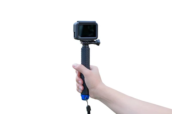 Isolated Action Camera Stich Hand Blank Screen Mockup — Stock Photo, Image