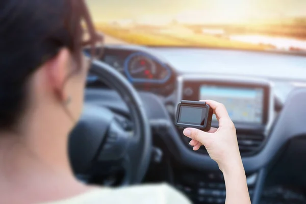 Woman Set Action Camera Car Capture Traffic While Driving Concept — Stock Photo, Image