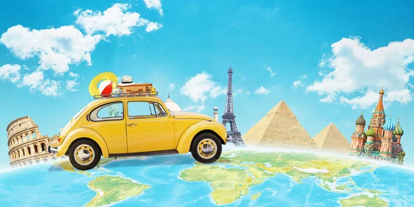 Yellow car travel across the world. Concept of travel and vacation around the world. World famous buildings in background.