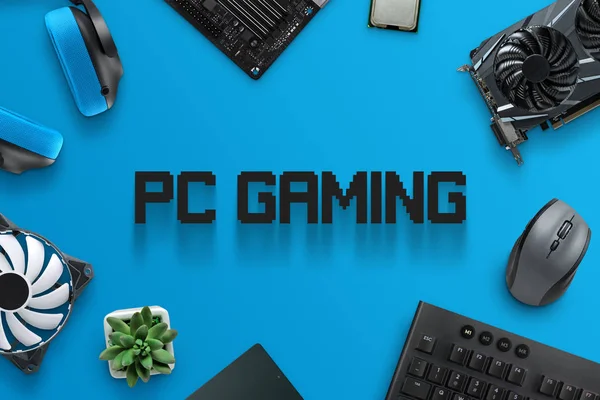 PC gaming text surrounded with gaming computer components.