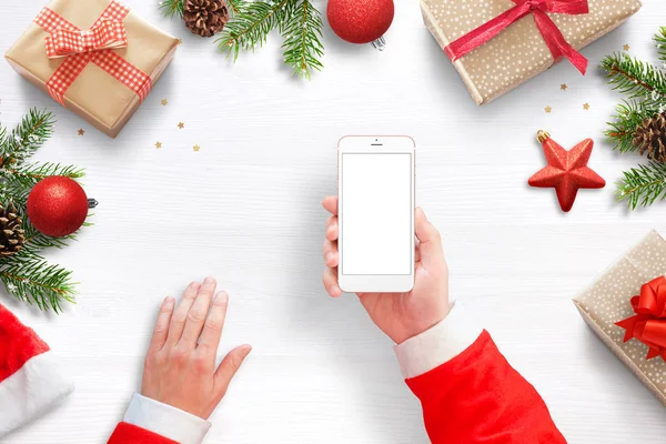 Makieta Smartfona Telefon Ręce Świętego Mikołaja Odizolowany Ekran Promocji Aplikacji — Zdjęcie stockowe
