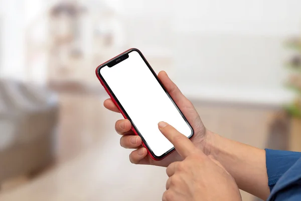 Moden Okostelefon Piros Szélekkel Kezében Elszigetelt Kerek Képernyő Mockupp App — Stock Fotó