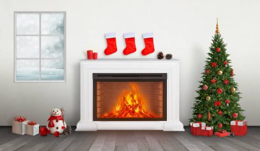 Şöminenin üzerinde asılı kırmızı hediye çorapları. Hemen yanında hediyeleri olan süslü bir Noel ağacı var. Pencereden kar görünüyor.