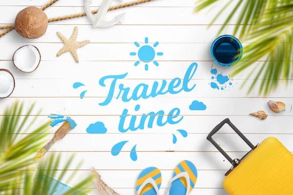 Travel Time Composition Painted Text White Wooden Floor Surrounded Travel — Stock Photo, Image