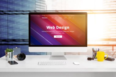 Modern web tasarım stüdyo ofisi, modern düz tasarım web sitesi bilgisayar görüntüleme konsepti