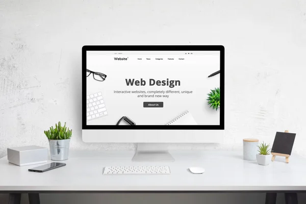 Web Design Εταιρεία Web Site Έννοια Στην Οθόνη Του Υπολογιστή — Φωτογραφία Αρχείου