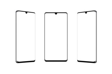 Sol, sağ ve ön pozisyonlarda izole akıllı telefon. Model için modern akıllı telefon, uygulama promosyonu