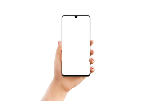 Telefonmodell Kvinnlig Hand Isolerad Framifrån Modern Smarttelefon Med Liten Kamera — Stockfoto