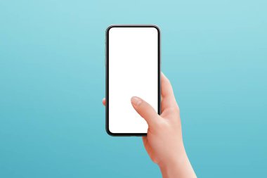 Kadın eli ile telefon modeli. Yuvarlak kenarlı modern akıllı telefon. Arka planda pastel mavisi