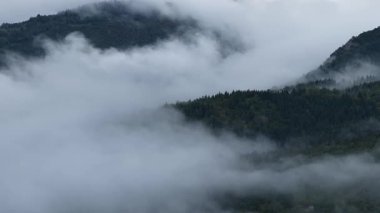 Kanyon manzarasının üzerindeki sis kaplı tepenin detaylı insansız hava aracı görüntüleri