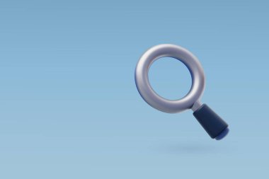 3d Vektör. Mavi saplı parlak bir 3D büyüteç simgesi. Aramayı sembolize ediyor.