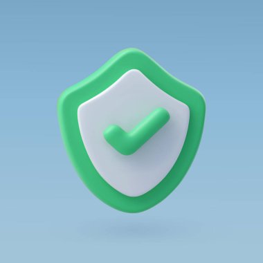 Yeşil bir kalkanın koruma, güvenlik, doğrulama ve güveni temsil eden işaretli 3B vektör çizimi.