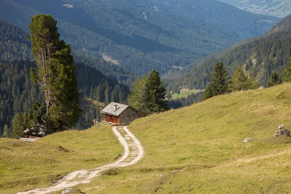 Alter Heuboden auf einer Weide in Val di Funes im Herbst — Stockfoto