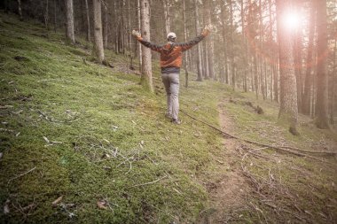 Bulutlu bir günde ormanda tek başına yürüyen bir yürüyüşçü.