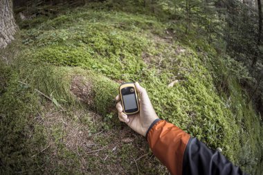 Bulutlu bir günde orman arasında GPS kullanan bir yürüyüşçü