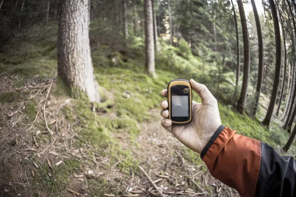 Um trekker usando gps entre a floresta em um dia nublado — Fotografia de Stock