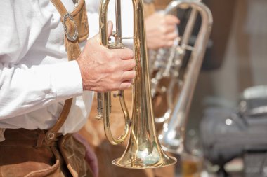 Val Isarco 'daki yerel bir sonbahar kutlamasında tipik kostümlü müzisyen. )